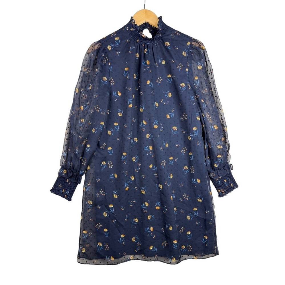 Draper James Swiss Dot Smocked Dress Nassau Navy Field Flowers Size Small